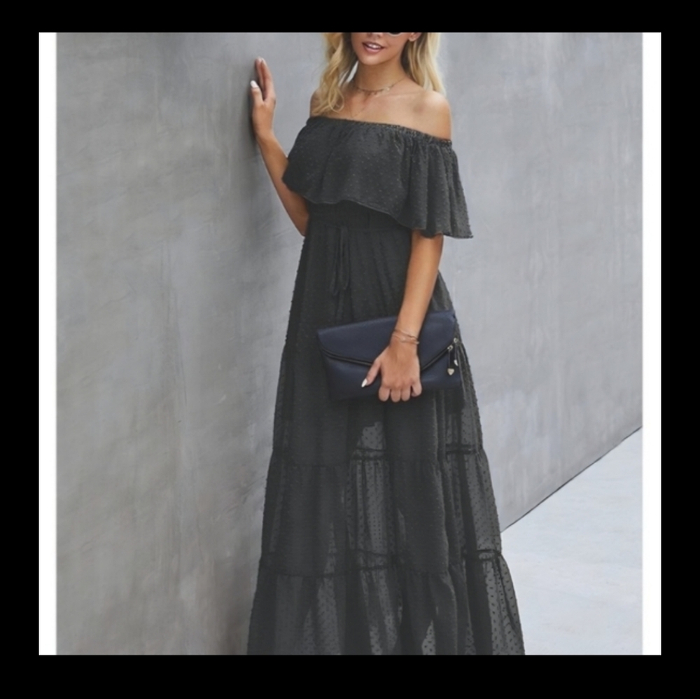 Black Summer Off-Shoulder Maxi Dress Sheer - Picture 7 of 9